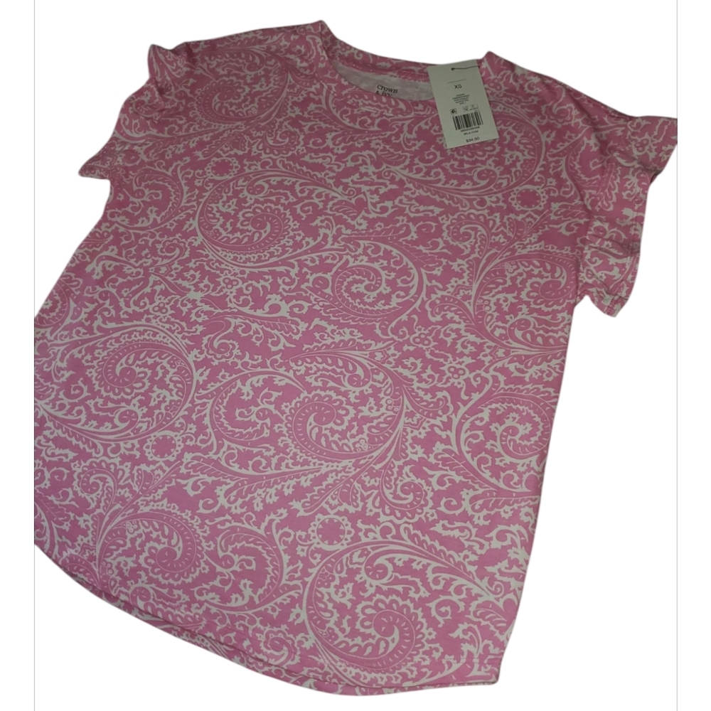 Crown & Ivy Pink & White Paisley Ruffled Sleeve T-Shirt XS NWT